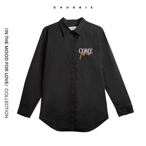 ‘Come fill me’ black button down shirt